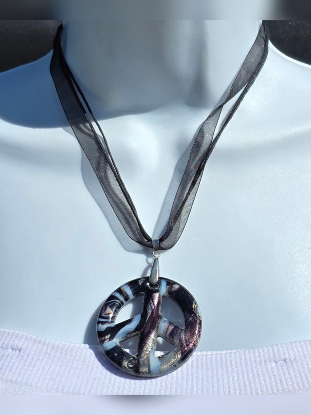 Vintage Millefiori Style Glass Peace Sign Pendant Necklace - Black & Purple
